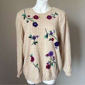 Alfred Dunner Tan Sweater Embroidered Sequin Accented Floral Felt Grandmacore 2X